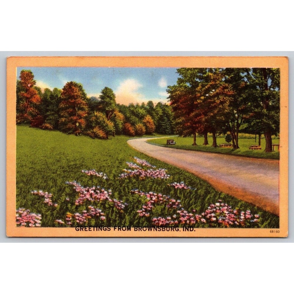 Vintage Brownsburg Indiana Postcard Tichnor Bros 68160 Road Picnic Scene 1940s